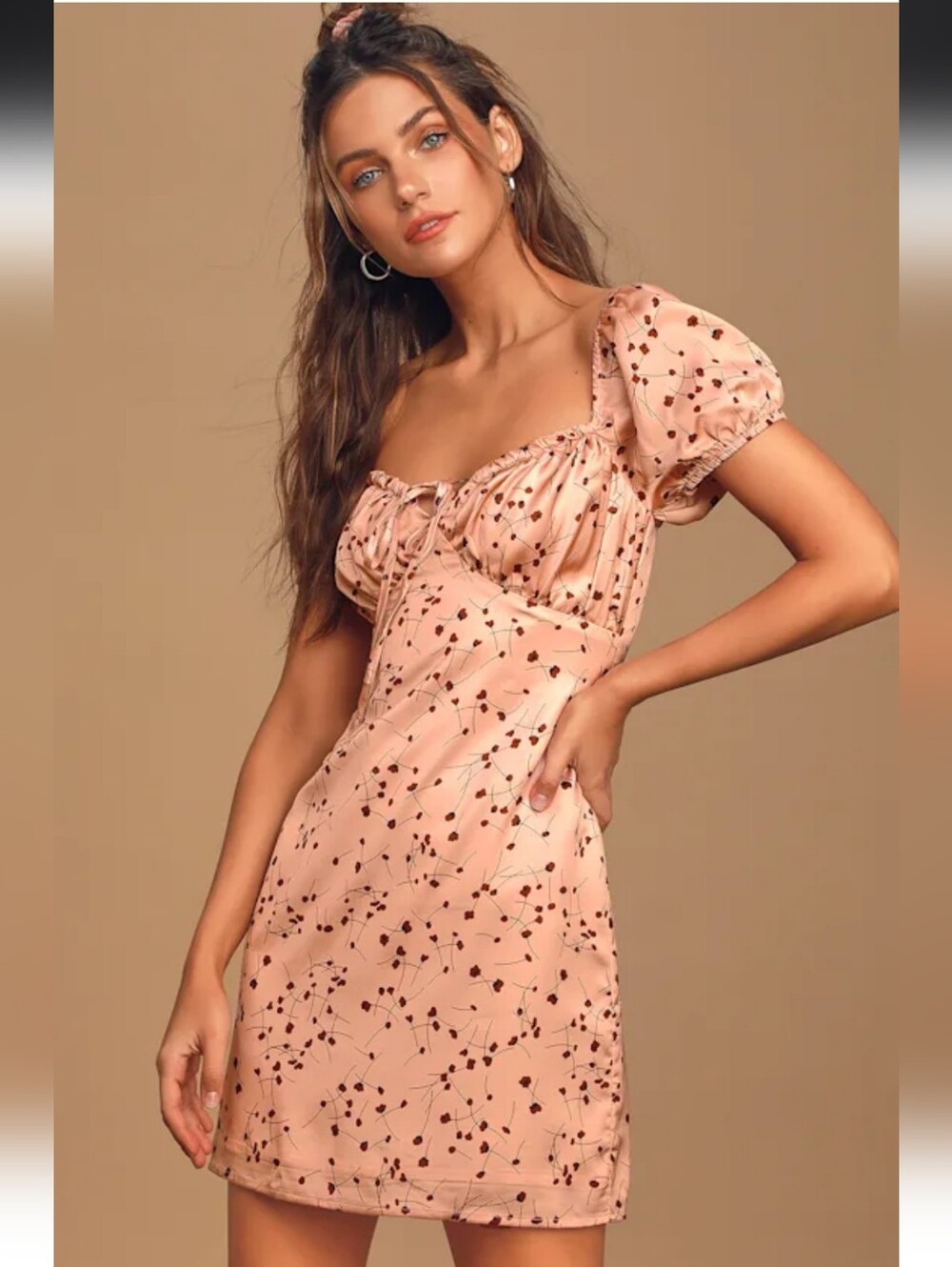 Puff-Sleeve Flower Print Mini Dress - Blush Pink